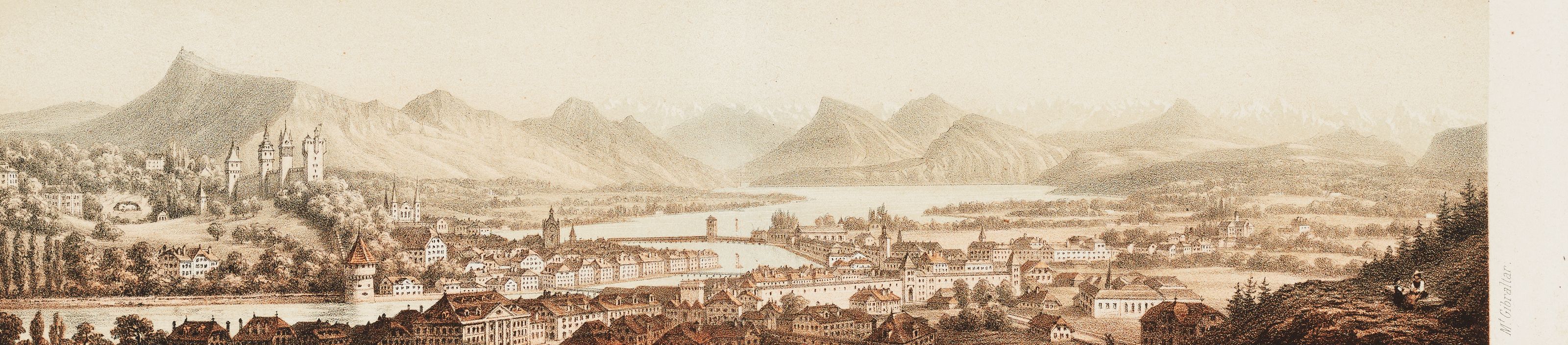 Historische Panorama-Lithographie der Stadt Luzern mit See und Alpen, um 1860
